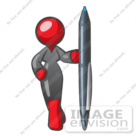#37278 Clip Art Graphic of a Red Lady Character Standing With a Pen by Jester Arts
