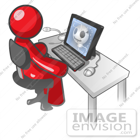 #37287 Clip Art Graphic of a Red Guy Character Using a Computer by Jester Arts