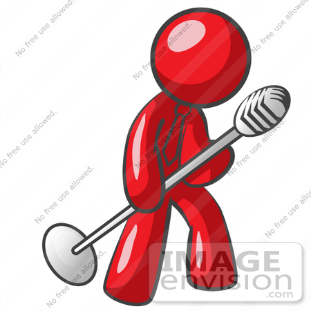 #37289 Clip Art Graphic of a Red Guy Character Singing Into a Microphone by Jester Arts