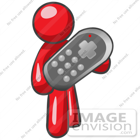 #37291 Clip Art Graphic of a Red Guy Character Holding a Remote Control by Jester Arts