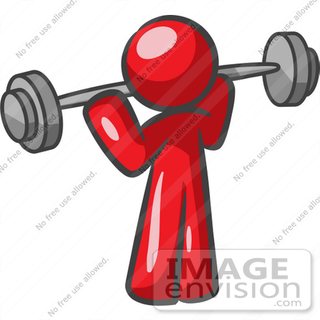 #37294 Clip Art Graphic of a Red Guy Character Exercising With a Barbell by Jester Arts