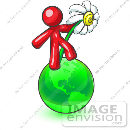 #37296 Clip Art Graphic of a Red Guy Character With a Daisy on a Globe by Jester Arts