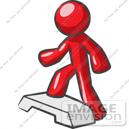 #37298 Clip Art Graphic of a Red Guy Character Doing Steps at the Gym by Jester Arts