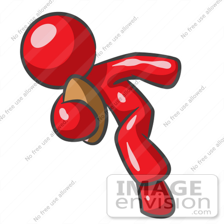 #37299 Clip Art Graphic of a Red Guy Character Playing Football by Jester Arts