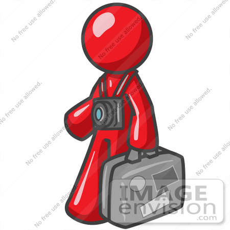 #37302 Clip Art Graphic of a Red Guy Character Tourist With Luggage and a Camera by Jester Arts