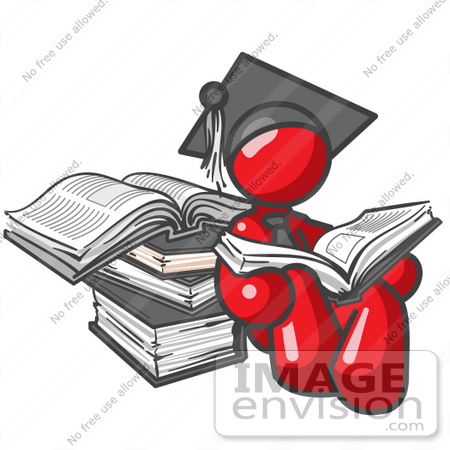 #37304 Clip Art Graphic of a Red Guy Character Graduate Reading Books by Jester Arts