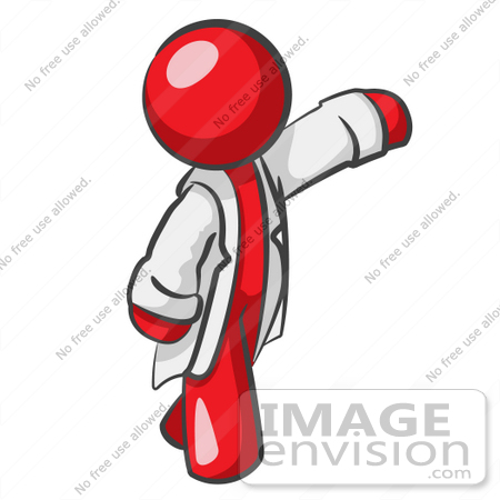 #37305 Clip Art Graphic of a Red Guy Character Scientist Waving by Jester Arts