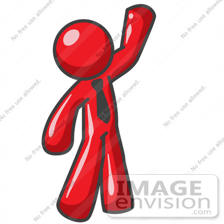 #37306 Clip Art Graphic of a Red Guy Character Waving and Wearing a Tie by Jester Arts