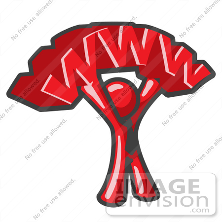 #37307 Clip Art Graphic of a Red Guy Character Holding WWW by Jester Arts