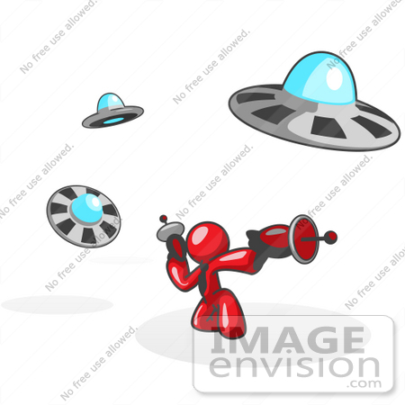 #37308 Clip Art Graphic of a Red Guy Character Fighting UFOs by Jester Arts