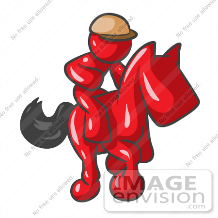 #37309 Clip Art Graphic of a Red Guy Character Jockey Riding a Horse by Jester Arts