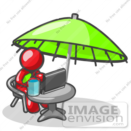 #37311 Clip Art Graphic of a Red Guy Character Using a Laptop Under an Umbrella by Jester Arts