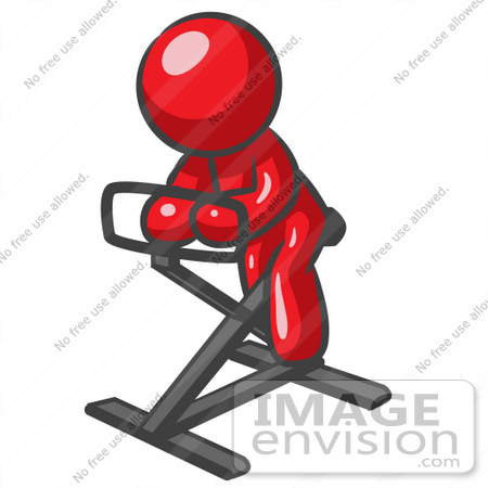 #37313 Clip Art Graphic of a Red Guy Character Exercising on a Stationary Bike by Jester Arts