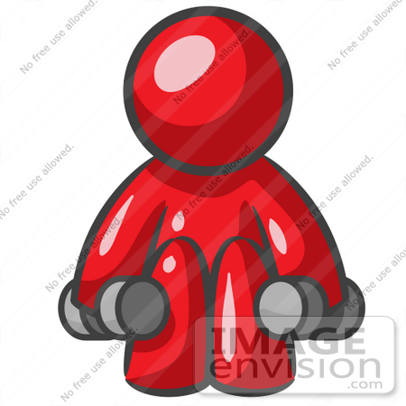 #37314 Clip Art Graphic of a Red Guy Character Exercising With Dumbbells by Jester Arts