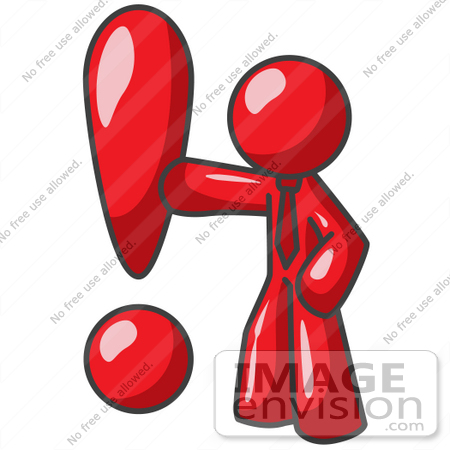 #37315 Clip Art Graphic of a Red Guy Character With an Exclamation Point by Jester Arts