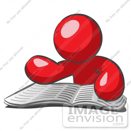 #37318 Clip Art Graphic of a Red Guy Character Reading a Book by Jester Arts