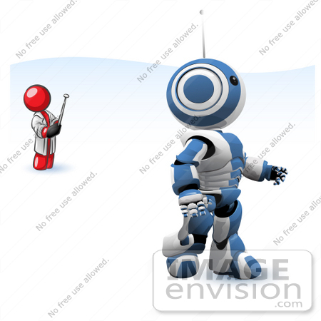 #37319 Clip Art Graphic of a Red Guy Character Controlling a Robot by Jester Arts