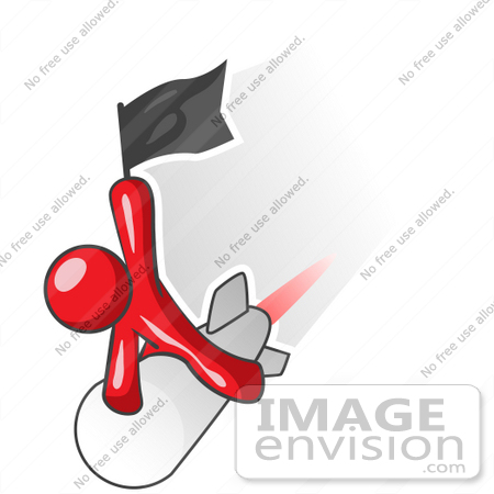 #37320 Clip Art Graphic of a Red Guy Character Riding a Rocket by Jester Arts