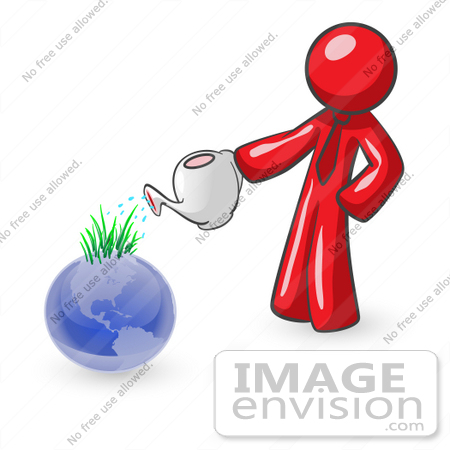 #37322 Clip Art Graphic of a Red Guy Character Watering Earth by Jester Arts