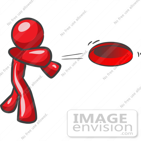 #37323 Clip Art Graphic of a Red Guy Character Throwing a Frisbee by Jester Arts