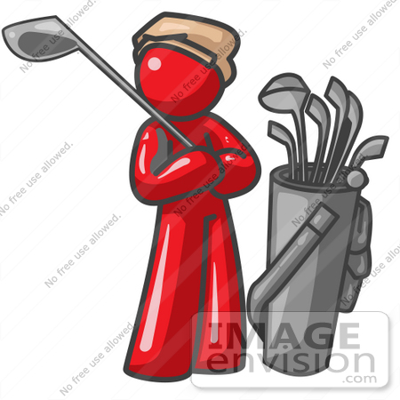#37326 Clip Art Graphic of a Red Guy Character Playing Golf by Jester Arts