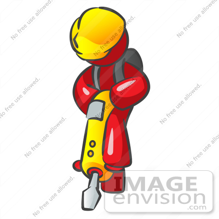 #37328 Clip Art Graphic of a Red Guy Character Operating a Jack Hammer by Jester Arts