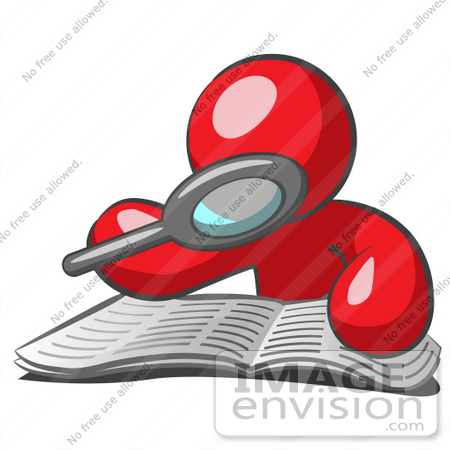 #37331 Clip Art Graphic of a Red Guy Character Reading With a Magnifying Glass by Jester Arts