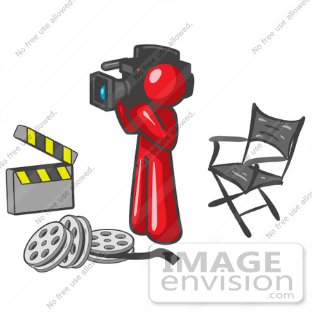 #37332 Clip Art Graphic of a Red Guy Character Filming a Movie by Jester Arts