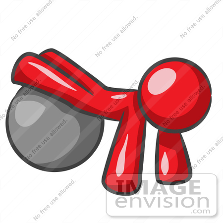 #37333 Clip Art Graphic of a Red Guy Character Exercising With a Yoga Ball by Jester Arts