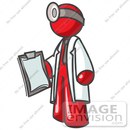 #37335 Clip Art Graphic of a Red Guy Character Doctor Wearing a Head Lamp by Jester Arts