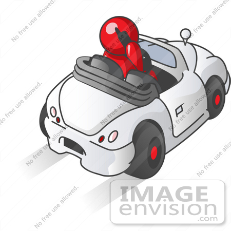 #37336 Clip Art Graphic of a Red Guy Character Talking on a Cell Phone and Driving by Jester Arts
