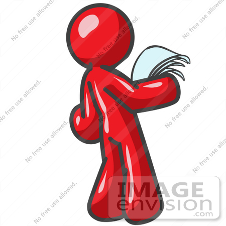 #37337 Clip Art Graphic of a Red Guy Character Reading a Letter by Jester Arts