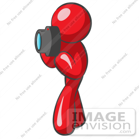 #37339 Clip Art Graphic of a Red Guy Character Taking Pictures by Jester Arts