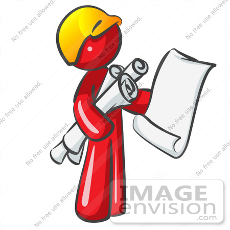 #37340 Clip Art Graphic of a Red Guy Character With Blueprints by Jester Arts