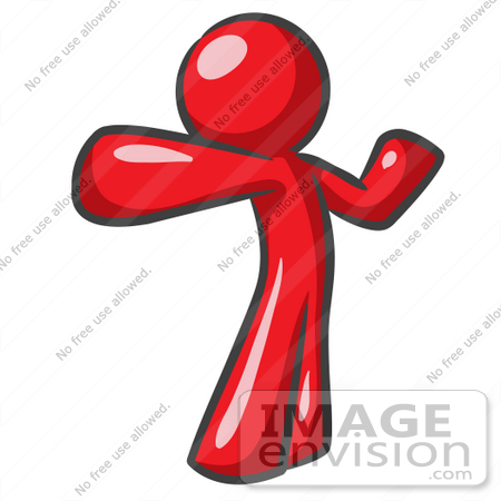 #37348 Clip Art Graphic of a Red Guy Character Stretching or Punching by Jester Arts