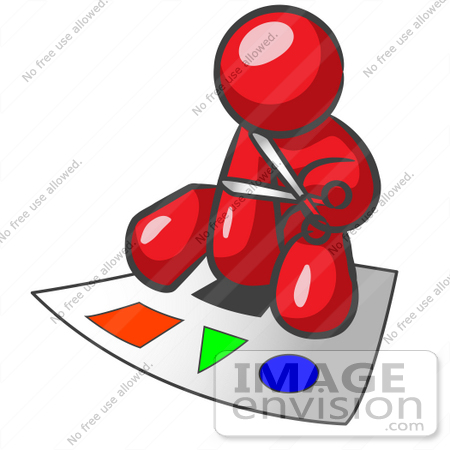 #37355 Clip Art Graphic of a Red Guy Character Cutting Shapes by Jester Arts