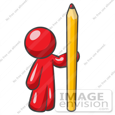 #37356 Clip Art Graphic of a Red Guy Character Standing With a Pencil by Jester Arts