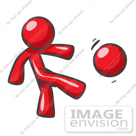 #37357 Clip Art Graphic of a Red Guy Character Kicking a Ball by Jester Arts