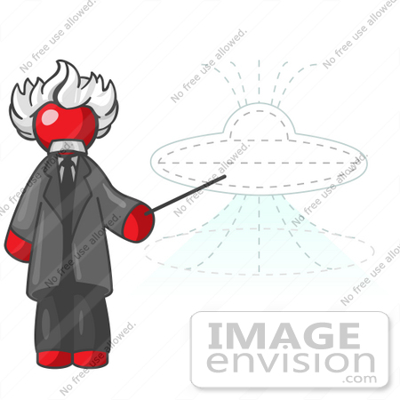 #37363 Clip Art Graphic of a Red Guy Character as Einstein, Pointing to a UFO by Jester Arts