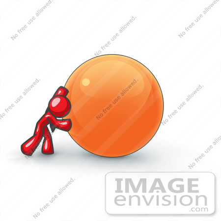 #37366 Clip Art Graphic of a Red Guy Character Pushing an Orange Ball by Jester Arts