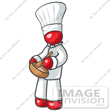 #37367 Clip Art Graphic of a Red Guy Character Chef Stirring Ingredients by Jester Arts