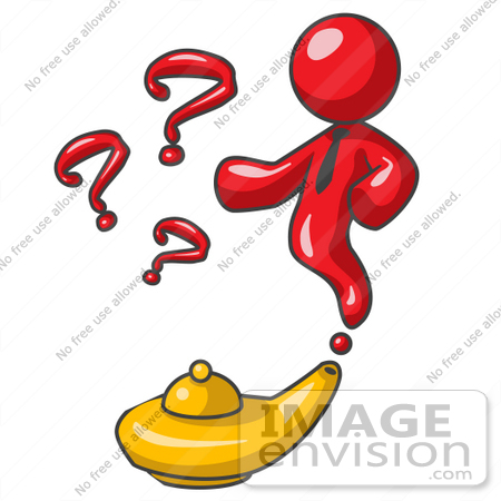 #37368 Clip Art Graphic of a Red Guy Character Emerging From a Genie Lamp by Jester Arts