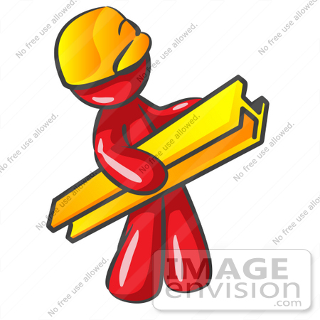 #37370 Clip Art Graphic of a Red Guy Character Carrying a Girder by Jester Arts