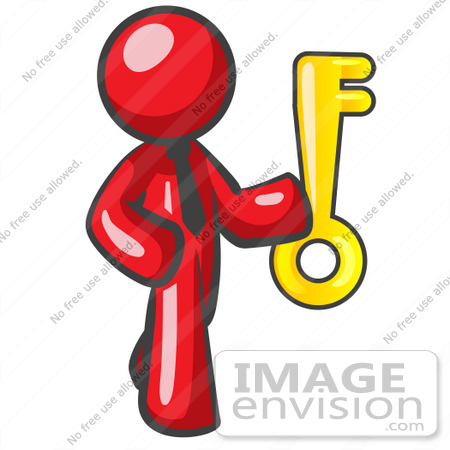 #37373 Clip Art Graphic of a Red Guy Character Holding a Key by Jester Arts