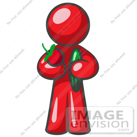 #37374 Clip Art Graphic of a Red Guy Character Holding Veggies by Jester Arts
