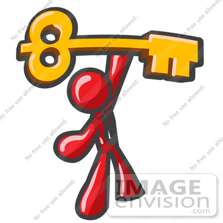#37375 Clip Art Graphic of a Red Guy Character Holding up a Big Key by Jester Arts