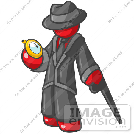 #37376 Clip Art Graphic of a Red Guy Character Looking at a Pocket Watch by Jester Arts
