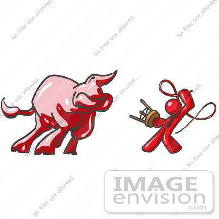 #37379 Clip Art Graphic of a Red Guy Character Taming a Bull by Jester Arts