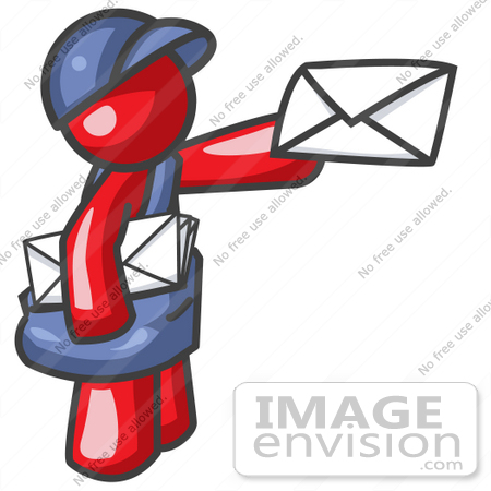 #37383 Clip Art Graphic of a Red Guy Character Delivering Mail by Jester Arts