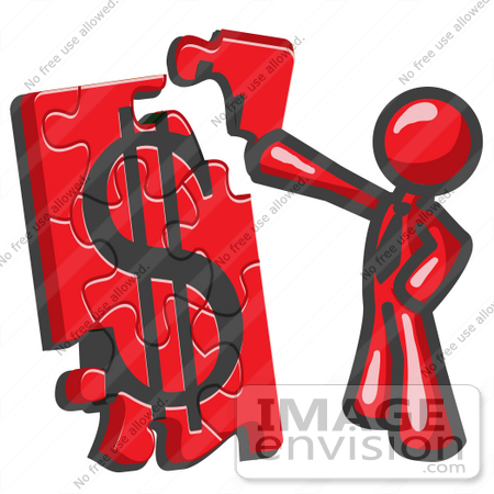#37384 Clip Art Graphic of a Red Guy Character Assembling a Financial Puzzle by Jester Arts
